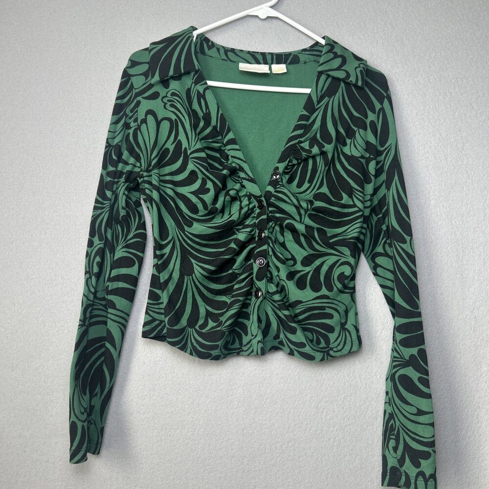 Anthropologie Maeve Ruched Long Sleeve Green Black V-Neck Cropped Top Festival M